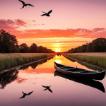 **A serene canal in Weerribben-Wieden National Park at sunset.** The sky is ablaze with orange and pink hues, reflecting in the still water. A small canoe glides through the canal, a few birds fly overhead. The image emphasizes tranquility and natural beauty.