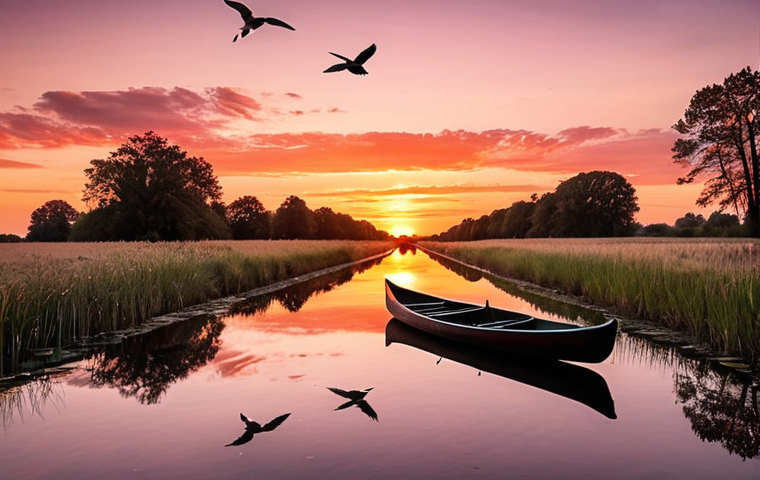 **A serene canal in Weerribben-Wieden National Park at sunset.** The sky is ablaze with orange and pink hues, reflecting in the still water. A small canoe glides through the canal, a few birds fly overhead. The image emphasizes tranquility and natural beauty.
