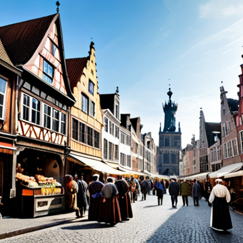 Home 6 A wide-angle, high-resolution photograph capturing a vibrant 15th-century cityscape, evocative of the Burgundian Netherlands. The scene features people in richly textured, modest period attire, including merchants, artisans, and well-dressed townspeople, all fully clothed and displaying perfect anatomy in natural poses. They are engaged in daily activities along a bustling canal lined with intricate Gothic architecture and market stalls. The overall atmosphere is one of prosperity and cultural flourishing. This is a professional historical photograph, safe for work, appropriate content, modest clothing, and family-friendly.