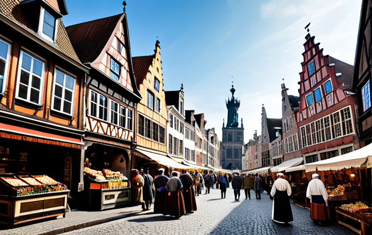 A wide-angle, high-resolution photograph capturing a vibrant 15th-century cityscape, evocative of the Burgundian Netherlands. The scene features people in richly textured, modest period attire, including merchants, artisans, and well-dressed townspeople, all fully clothed and displaying perfect anatomy in natural poses. They are engaged in daily activities along a bustling canal lined with intricate Gothic architecture and market stalls. The overall atmosphere is one of prosperity and cultural flourishing. This is a professional historical photograph, safe for work, appropriate content, modest clothing, and family-friendly.
